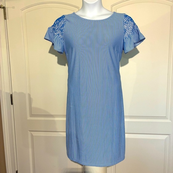 Talbots Seersucker Dress Blue White Striped Flutter Sleeve Size Large NWT - Picture 1 of 7
